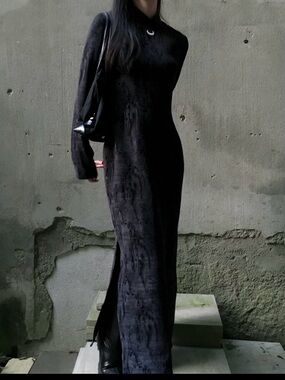 Black Long-Sleeve Maxi Dress with High Neck